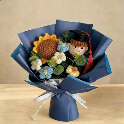 Handmade Crochet Graduation Bouquet with Knitted Graduate Plush Sunflower Keepsake Gift for Kids Graduates