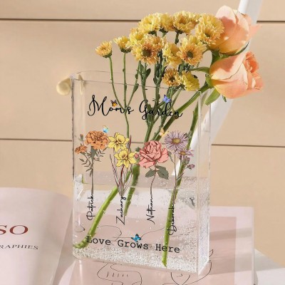 Personalized Mom's Garden Birth Month Flower Book Vase With Kids Name Keepsake Gifts For Mom Grandma