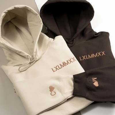 Personalized Embroidered Roman Numeral Anniversary Date Couple Hoodie