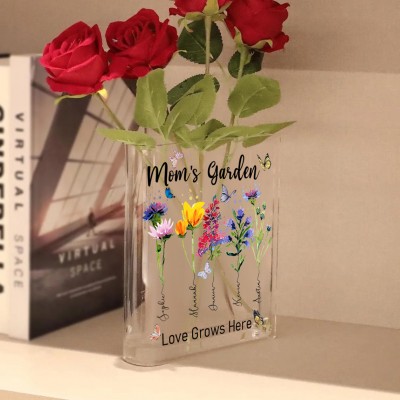 Personalized Mom's Garden Birth Month Flower Acrylic Book Vase With Kids Name Meaningful Gifts For Mom Grandma