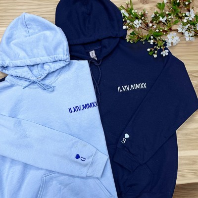 Personalized Embroidered Roman Numeral Anniversary Date Couple Hoodie