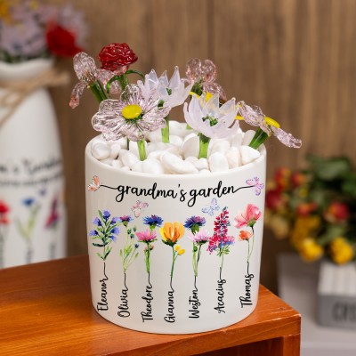 Personalized Grandma's Garden Birth Flower Pot with Grandkids Names Keepsake Gifts for Grandma Mom Christmas Gift