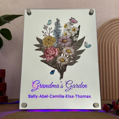 Personalized Grandma's Garden Birth Flower Mirror Light with Grandkids Names Keepsake Gifts for Grandma Mom Christmas Gift