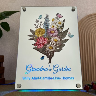Personalized Grandma's Garden Birth Flower Mirror Light with Grandkids Names Keepsake Gifts for Grandma Mom Christmas Gift