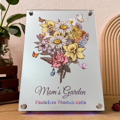 Personalized Mom's Garden Birth Flower Mirror Light with Kids Names Keepsake Gifts for Grandma Mom Christmas Gift