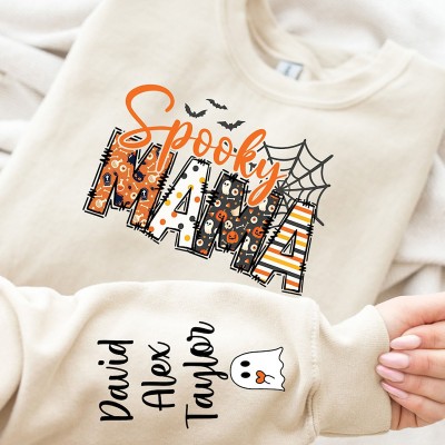 Custom Halloween Spooky Mama Sweatshirt with Kids Name on Sleeve Sweatshirt